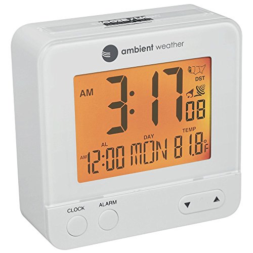 Ambient Weather RC-8300-WHITE Atomic Travel Compact Alarm Clock with Auto Night Light Feature