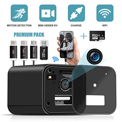 Hidden Camera Charger WiFi,USB Spy Camera Charger,Spy Camera Wireless Hidden 1080P HD Live Streaming with App, Nanny Cam Motion Activated,with 32GB MicroSD Card Class 10