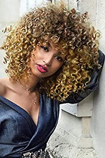AISI HAIR Synthetic African American Wigs Kinky Curly Hair Wig with Bangs Brown Blonde Mixed Wig Short Curly Wigs for Women Heat Resistant Fiber Afro Curly Wigs 