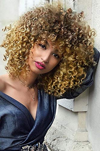 AISI HAIR Synthetic African American Wigs Kinky Curly Hair Wig with Bangs Brown Blonde Mixed Wig Short Curly Wigs for Women Heat Resistant Fiber Afro Curly Wigs 