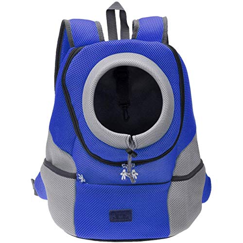 Mogoko Cat Dog Backpack Carrier, Puppy Pet Front Pack with Breathable Head Out Design and Double Mesh Padded Shoulder for Outdoor Travel Hiking (XL, Blue)