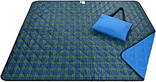 Roebury Beach Blanket Sand Proof & Outdoor Picnic Blanket - Water Resistant, Large Mat for Camping or Travel. Washable, Foldable, Easy Carry Compact Tote Bag (Green/Blue Plaid)