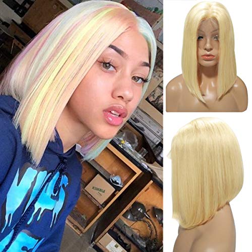 Bob Wigs #613 Blonde Lace Front Human Hair Wigs for Women 12 Inch Straight Glueless Colored Bob Wig Lace Frontal Pre Plucked 180% Density Bleached Knots, Can be Styled