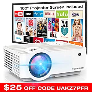 Video Projector, TOPVISION 4500Lux Portable Mini Projector with 100 Projector Screen, 1080P Supported, Built in HI-FI Speakers, Compatible with Fire Stick, HDMI, VGA, USB, TF, AV, PS4