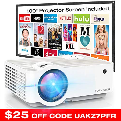 Video Projector, TOPVISION 4500Lux Portable Mini Projector with 100 Projector Screen, 1080P Supported, Built in HI-FI Speakers, Compatible with Fire Stick, HDMI, VGA, USB, TF, AV, PS4