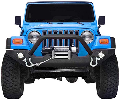 LEDKINGDOMUS Rock Crawler Front Bumper Compatible for 87-06 Jeep Wrangler YJ and TJ with Winch Plate, LED Lights Heavy Duty (Textured Black)