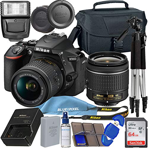 Nikon D5600 DSLR Camera with 18-55mm VR Lens + 64GB SDXC Memory Card, Tripod, Flash, and More