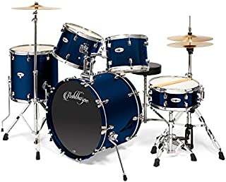 Ashthorpe 5-Piece Full Size Adult Drum Set with Remo Heads & Premium Brass Cymbals - Complete Professional Percussion Kit with Chrome Hardware - Blue