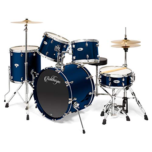 Ashthorpe 5-Piece Full Size Adult Drum Set with Remo Heads & Premium Brass Cymbals - Complete Professional Percussion Kit with Chrome Hardware - Blue