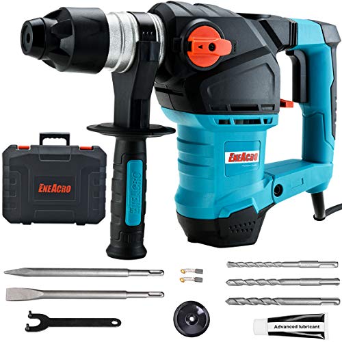 ENEACRO 1-1/4 Inch SDS-Plus 12.5 Amp Heavy Duty Rotary Hammer Drill, Safety Clutch 3 Functions with Vibration Control Including Grease, Chisels and Drill Bits with Case