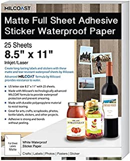 Milcoast Matte Full Sheet 8.5 x 11 Adhesive Tear Resistant Waterproof Photo Craft Paper - for Inkjet/Laser Printers - for Stickers, Labels, Scrapbooks, Bottles, Arts, Crafts (25 Sheets)