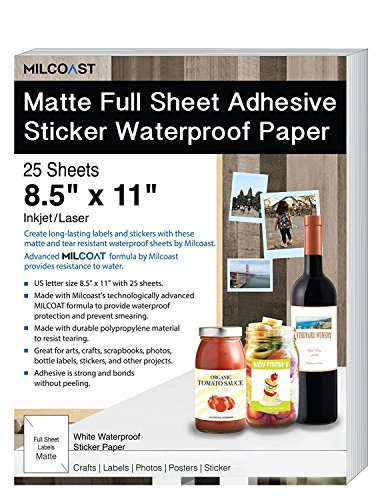 Milcoast Matte Full Sheet 8.5 x 11 Adhesive Tear Resistant Waterproof Photo Craft Paper - for Inkjet/Laser Printers - for Stickers, Labels, Scrapbooks, Bottles, Arts, Crafts (25 Sheets)