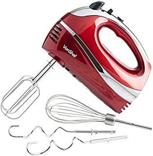 VonShef Hand Mixer Whisk With Chrome Beater, Dough Hook, 5 Speed and Turbo Button + Balloon Whisk 250w (Red)