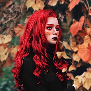 Imstyle Red Lace Front Wigs Long Wavy Synthetic Hair Cosplay Wigs Quality Heat Resistant Natural Ariel Wig for Women Halloween Costume 26 Inch (Red)