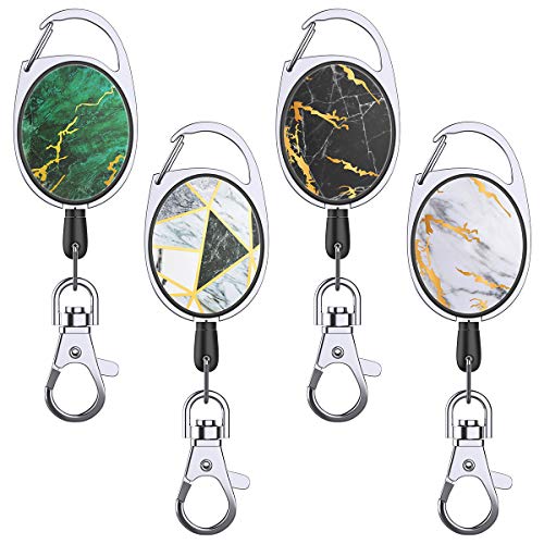 YoungRich 4PCS Retractable Badge Reel Retractable Keychain with Carabiner Belt Clip Key Ring 27 Inches Steel Wire Rope Shiny Marble Design House Work Keys Holder 24 kg Heavy Duty for ID Card Keys