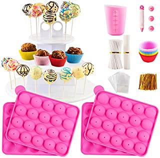 Cake Pop Maker Set with Silicone Molds with 3 Tier Cake Stand, Chocolate Candy Melts Pot, Paper Lollipop Sticks, Silicone Cupcake Molds, Decorating Pen with 4 Piping Tips, Bag and Twist Ties