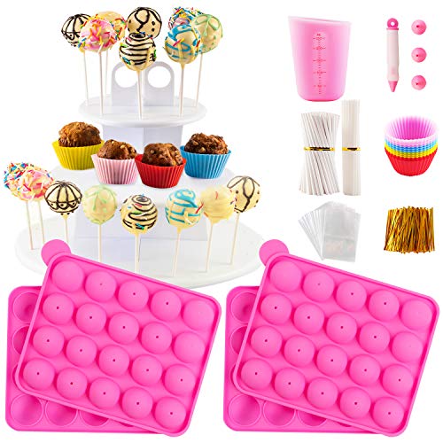 Cake Pop Maker Set with Silicone Molds with 3 Tier Cake Stand, Chocolate Candy Melts Pot, Paper Lollipop Sticks, Silicone Cupcake Molds, Decorating Pen with 4 Piping Tips, Bag and Twist Ties