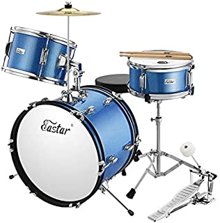 Eastar 16 inch 3 Piece Kids Junior Drum Set Kit with Throne, Cymbal, Pedal & Drumsticks, Metallic Blue (EDS-280Bu)