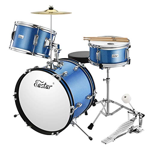 Eastar 16 inch 3 Piece Kids Junior Drum Set Kit with Throne, Cymbal, Pedal & Drumsticks, Metallic Blue (EDS-280Bu)