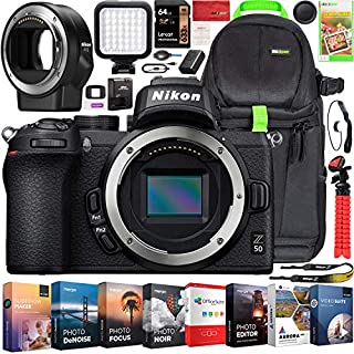 Nikon Z50 Mirrorless Camera Body 4K UHD DX-Format Bundle FTZ Lens Mount Adapter and Deco Gear Backpack Travel Case + Photo Video LED + Compact Tripod + 64GB Card + Software & Accessories