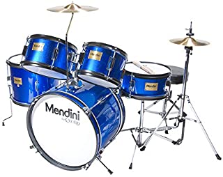 Mendini by Cecilio 16 inch 5-Piece Complete Kids/Junior Drum Set with Adjustable Throne, Cymbal, Pedal & Drumsticks, Metallic Blue, MJDS-5-BL