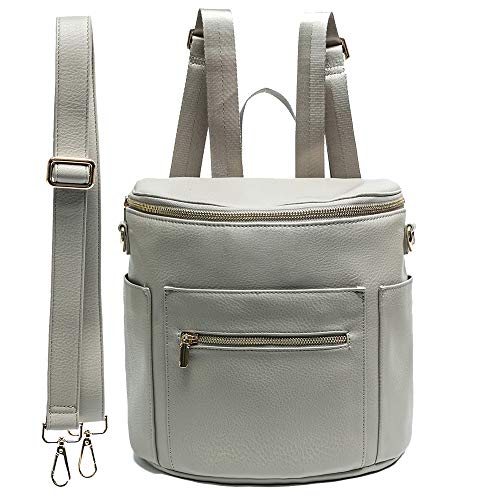 Leather Diaper Bag Backpack Purse by miss fong, Mini Backpack for mom with In bag organizer, Insulated Pocket and Shoulder Strap(Grey)