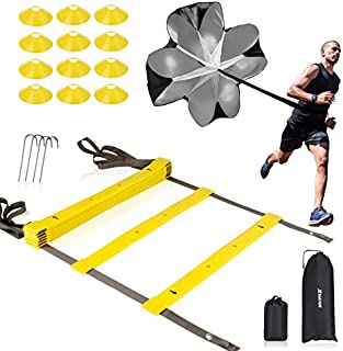 XGEAR Speed Agility Training Set - Indoor Outdoor TPE Adjustable Rungs Agility Ladder, Resistance Parachute, 4 Steel Stakes, 12 Disc Cones - Kit for Soccer, Lacrosse, Hockey, Basketball Drill