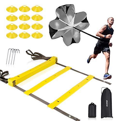 XGEAR Speed Agility Training Set - Indoor Outdoor TPE Adjustable Rungs Agility Ladder, Resistance Parachute, 4 Steel Stakes, 12 Disc Cones - Kit for Soccer, Lacrosse, Hockey, Basketball Drill