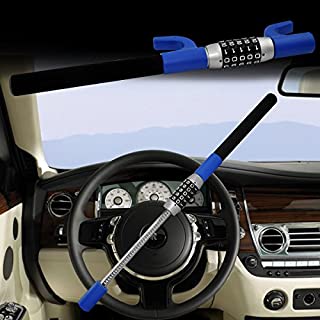 LC Prime Steering Wheel Lock Universal Vehicle Car Truck Van SUV Keyless Password Coded Twin Hooks Extendable Retractable Heavy Duty Security Guard Anti Theft Steel Plastic Blue