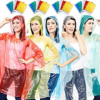 Juvale 20-Pack Disposable Rain Ponchos, Adults Emergency Waterproof Raincoat with Hood for Camping, Hiking, Sport or Outdoors, 5 Colors (Pink, Blue, Yellow, Green, Clear), Individually Wrapped