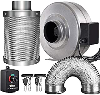 iPower GLFANXINL4FILT4MD8CTR 4 Inch 190 CFM Inline Fan Carbon Filter 8 Feet Ducting Combo with Variable Speed Controller and Rope Hanger for Grow Tent Ventilation, 4