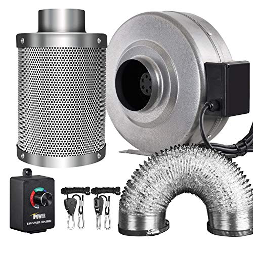 iPower GLFANXINL4FILT4MD8CTR 4 Inch 190 CFM Inline Fan Carbon Filter 8 Feet Ducting Combo with Variable Speed Controller and Rope Hanger for Grow Tent Ventilation, 4