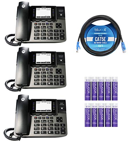 Motorola ML1002D (ML1000 x1, ML1100 x2) DECT 6.0 Expandable 4-Line Business Phone System with Digital Receptionist and Answering System Bundle with Blucoil 10-FT Cat5e Cable, and 10 AAA Batteries