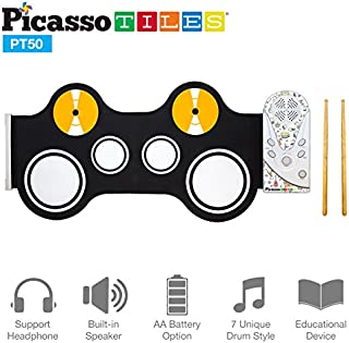 Picasso Tiles PT50 Portable Kid's Roll Up Drum, Educational Electronic Drum Set w/ 7 Different Drum Pads, Recording Feature, Headphone Jack, Build-in Speaker, Educational Demos for Toddlers & Kids