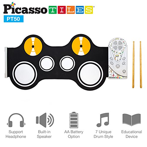 Picasso Tiles PT50 Portable Kid's Roll Up Drum, Educational Electronic Drum Set w/ 7 Different Drum Pads, Recording Feature, Headphone Jack, Build-in Speaker, Educational Demos for Toddlers & Kids