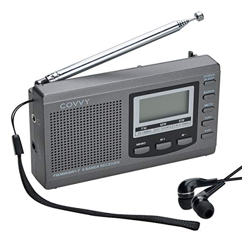 AM/FM Portable Shortwave Radio, COVVY Battery Operated 9 Band FM Transistor DSP Stereo Radio Digital Tuning Radio with Sleep Timer, Alarm Clock, LCD Display, Loud Speaker & Earphone (Grey)