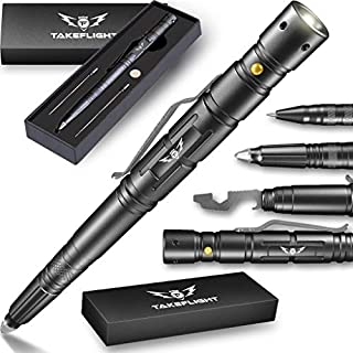 Tactical Pen for Self-Defense + LED Tactical Flashlight, Bottle Opener, Window Breaker | Multi-Tool for Everyday Carry (EDC) Survival Gear | For Military, Police, SWAT | Gift Boxed + Extra Ink