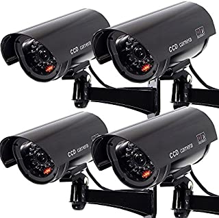 Outdoor Fake Security Camera, Dummy CCTV Surveillance System with Realistic Red Flashing Lights and Warning Sticker (4, Black)