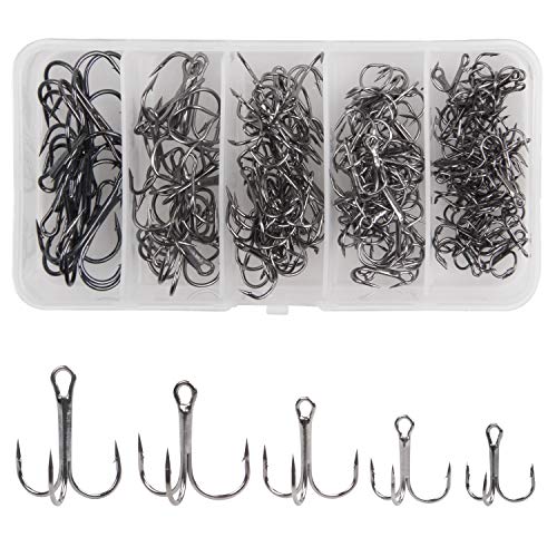 SILANON Fishing Treble Hooks Kit-145pcs Round Bend Barbed Treble Hook Strong High Carbon Steel Triple Fish Hooks Set for Baits Lures Trout Bass Size 2 4 6 8 10