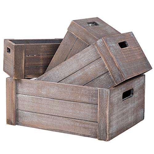 Decorative Wooden Crates,Set of 4 Rectangle Storage Boxes, Nesting Storage Crates with Handles,Crates for Storage,Wooden Storage Bins (Grey)