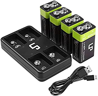 LP 9V Rechargeable Battery Charger Pack, 4-Pack 600mAh 9 Volt Li-ion Batteries & 4-Bay Battery Charger for Alarms, Wireless Microphones, Smoke Detectors, Toys, Flashlights, Guitar, Keyboard & More