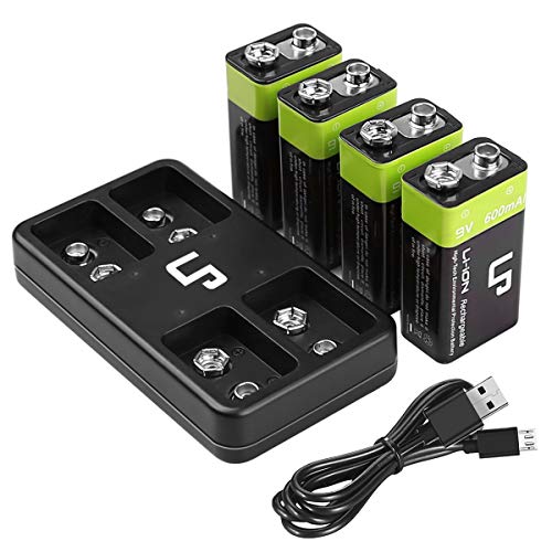 LP 9V Rechargeable Battery Charger Pack, 4-Pack 600mAh 9 Volt Li-ion Batteries & 4-Bay Battery Charger for Alarms, Wireless Microphones, Smoke Detectors, Toys, Flashlights, Guitar, Keyboard & More