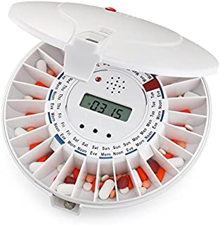 Point Automatic Pill Dispenser  28-Day Portable Medication Planner and Organizer  Dispense Vitamins and Tablets Up 6 Times Per Day  Includes Flashing Light, Alarm and Safety Lock