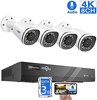 8CH Expandable Hiseeu 4K PoE Camera Security System,4Pcs 8MP UltraHD Camera+8CH H.265 NVR,Phone&PC Remote,Microphone,131Ft Night Vision,IP67 Waterproof,Onvif,Motion Alert,24/7 Recording,3TB HDD