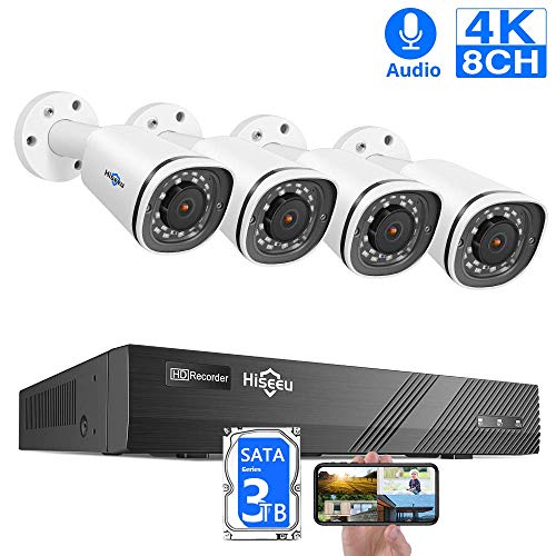 8CH Expandable Hiseeu 4K PoE Camera Security System,4Pcs 8MP UltraHD Camera+8CH H.265 NVR,Phone&PC Remote,Microphone,131Ft Night Vision,IP67 Waterproof,Onvif,Motion Alert,24/7 Recording,3TB HDD