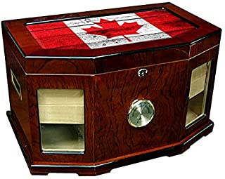 Large Premium Desktop Humidor - Glass Top - Flag of Canada (Canadian) - Wood Design - 300 Cigar Capacity - Cedar Lined with Two humidifiers & Large Front Mounted Hygrometer.