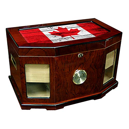 Large Premium Desktop Humidor - Glass Top - Flag of Canada (Canadian) - Wood Design - 300 Cigar Capacity - Cedar Lined with Two humidifiers & Large Front Mounted Hygrometer.