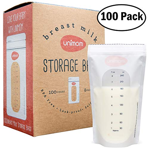 Unimom 100 Breastmilk Storage Bags - 8oz  Zip-Top Leak Proof Closure - Self Standing, BPA Free, Pre Sterilized - Graduated Measurement Markings  Easy Tear for Pouring