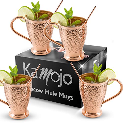 Moscow Mule Pure Copper Cups - Embossed Set of 4 Copper Mugs - 4 Straws/Stir Sticks - 20 Recipe E-book by Kamojo