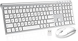 Wireless Keyboard Mouse, Jelly Comb 2.4GHz Ultra Slim Full Size Rechargeable Wireless Keyboard and Mouse Combo for Windows, Laptop, Notebook, PC, Desktop, Computer (White and Silver)